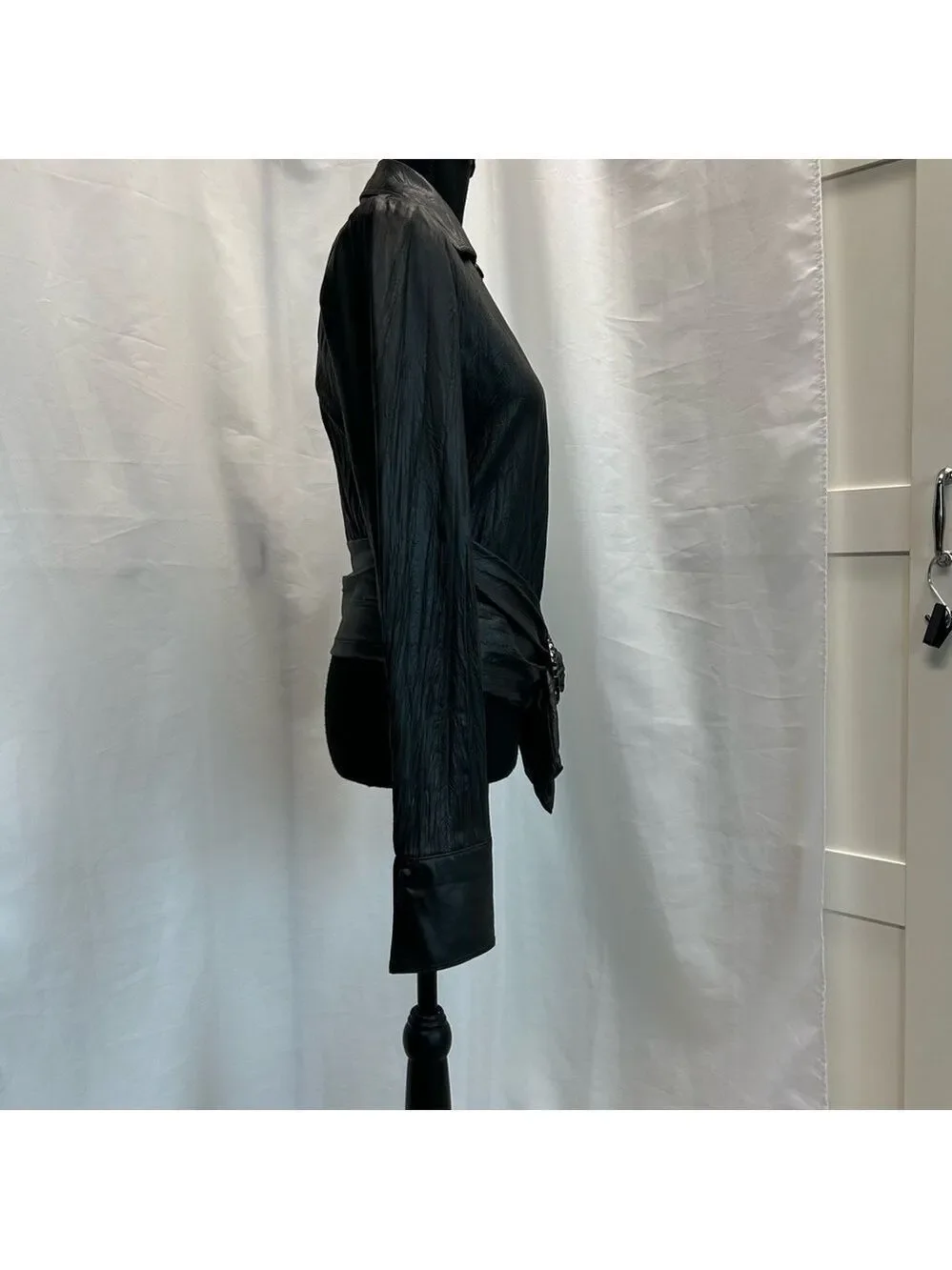 Joseph Ribkoff black faux leather full zip front buckle jacket wrinkled style 6